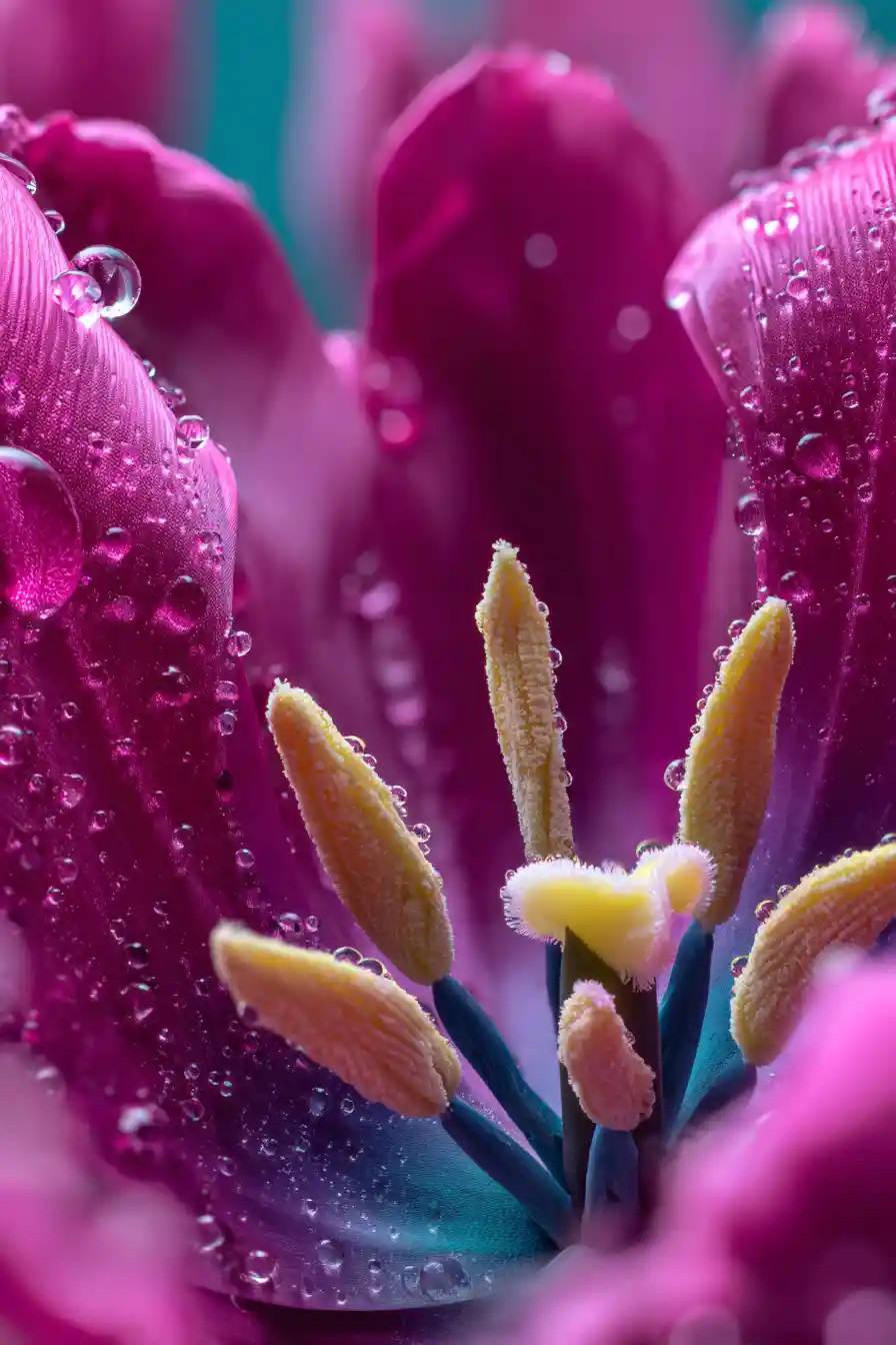 A glossy magenta fabric tulip reveals neon yellow stamens