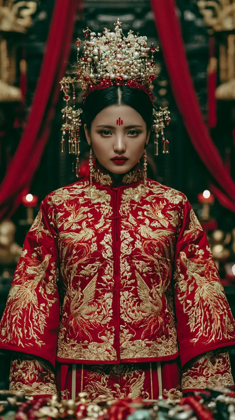 A Chinese Noblewoman in Vermilion Silk and a Phoenix Crown