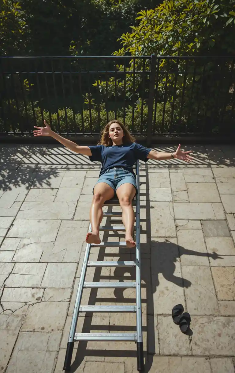 A young woman loses balance on a ladder across a patterned patio