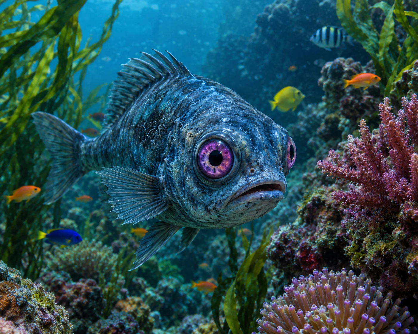 A Creepy Fish With Purple Eyes Swims Beneath the Sea Among Coral