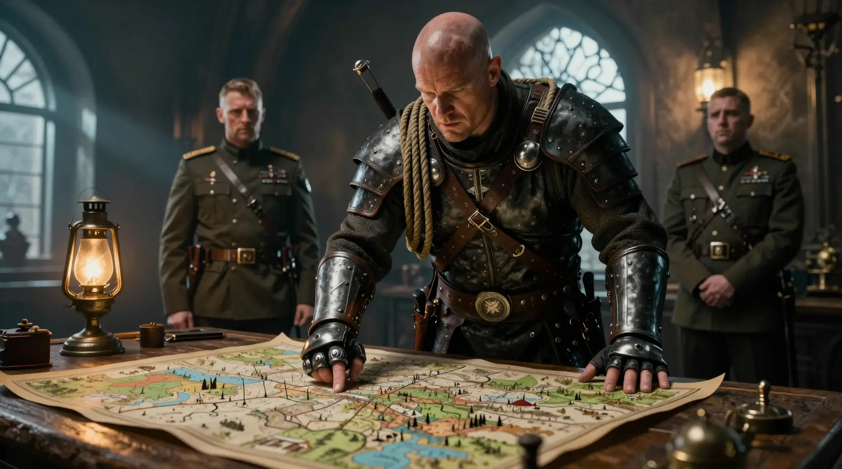 A Bald Warrior Plans Medieval Strategy in a Lantern-Lit War Room