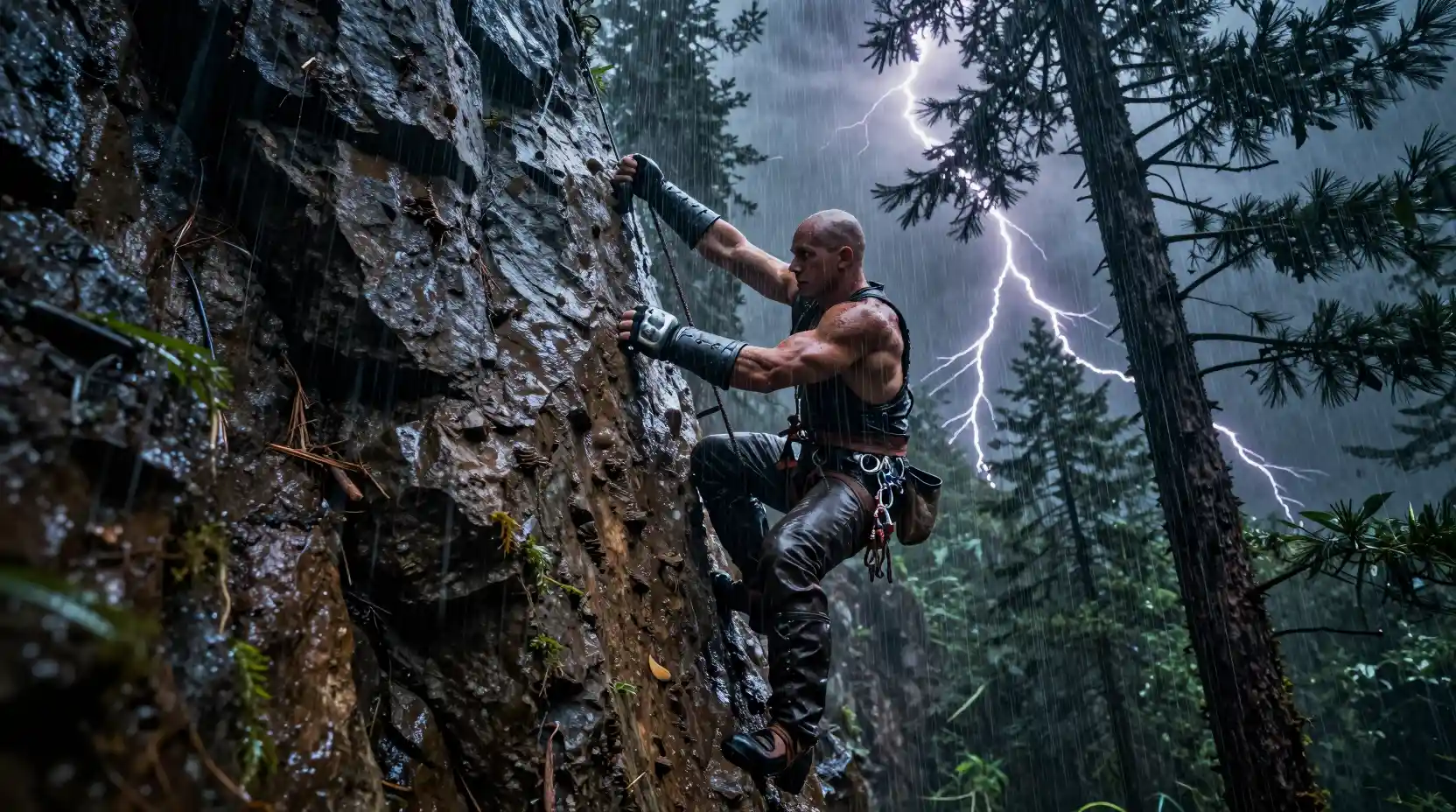 A bald warrior drives a wooden piton into a rain-soaked cliff