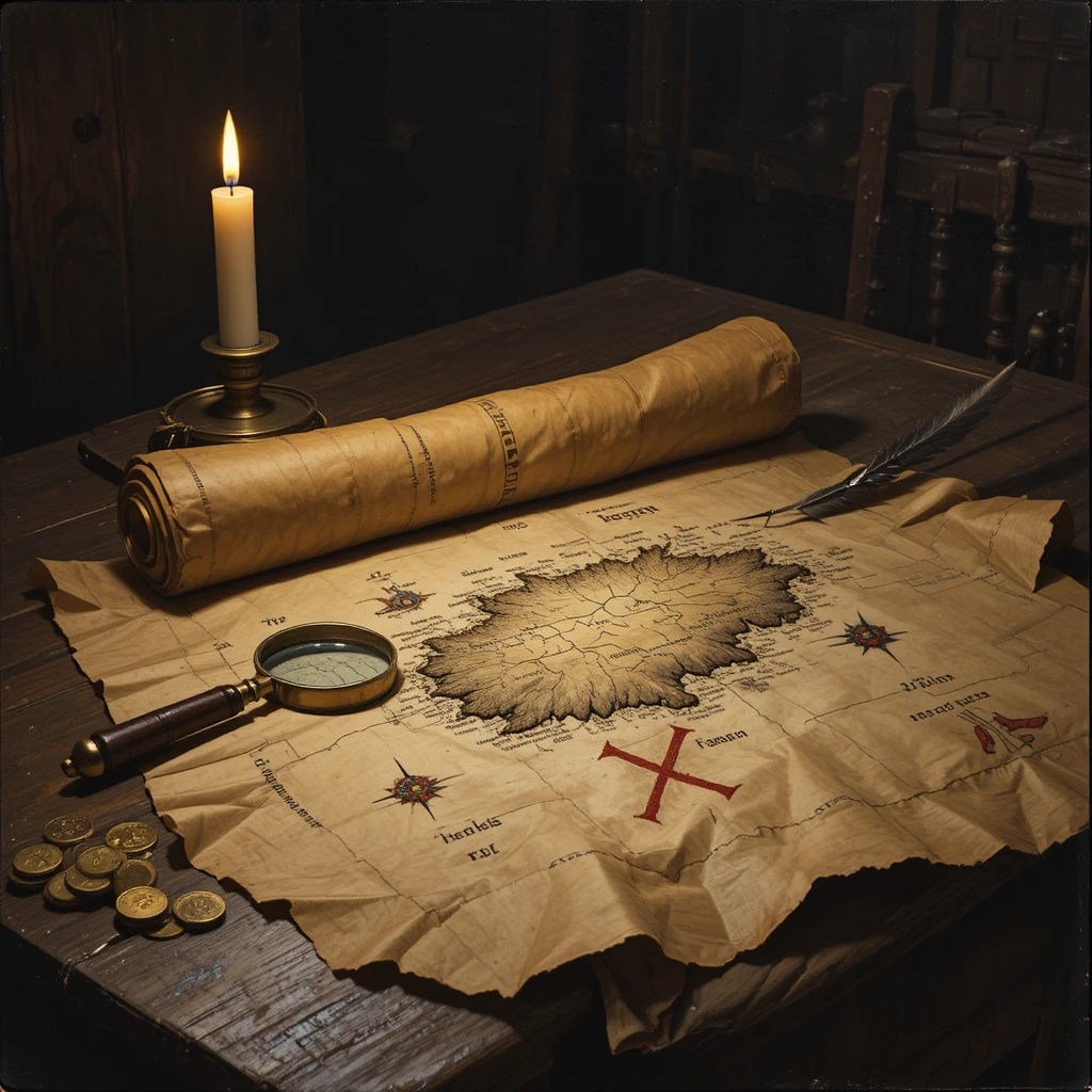 El estudio de un explorador, iluminado por velas alrededor de un antiguo mapa del tesoro