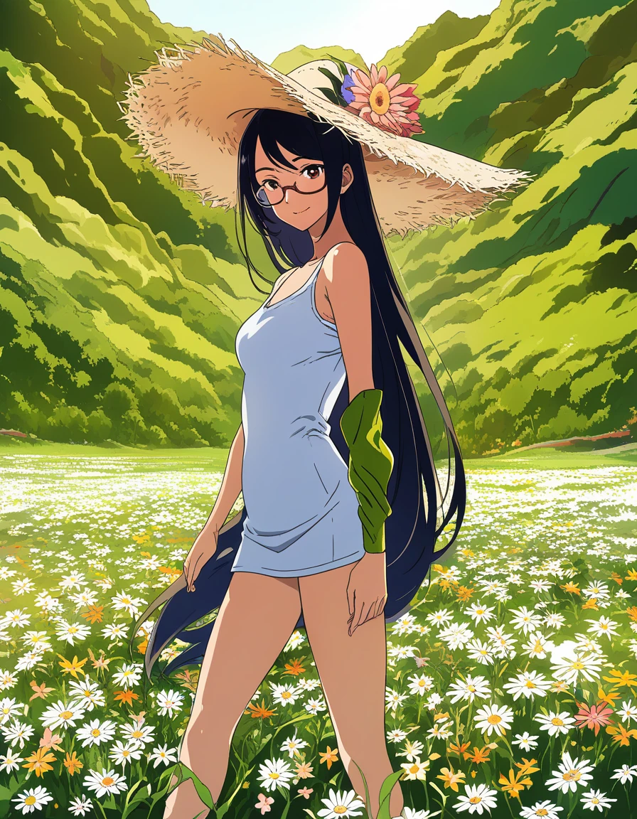 Donna in stile anime in un campo fiorito con un cappello da sole decorato con fiori