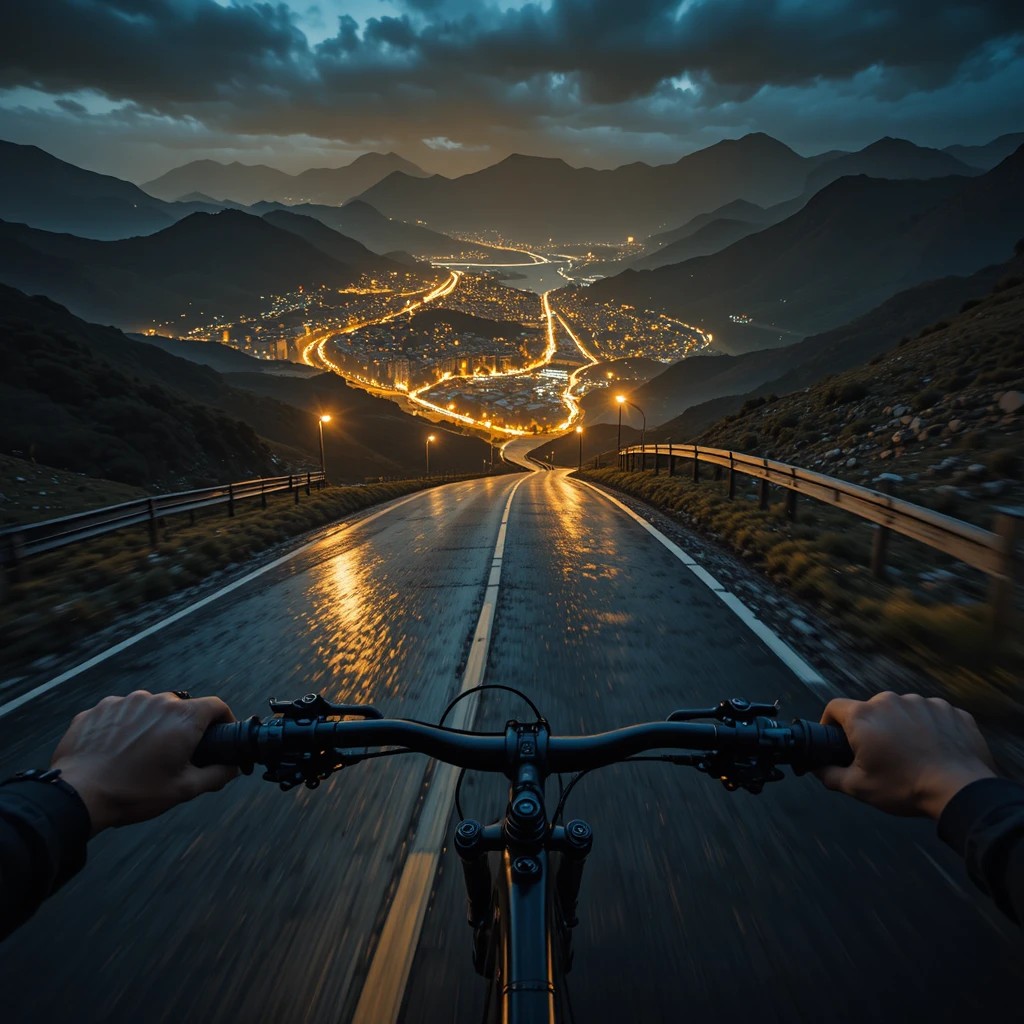 A first-person mountain bike descent along a wet mountain road at night