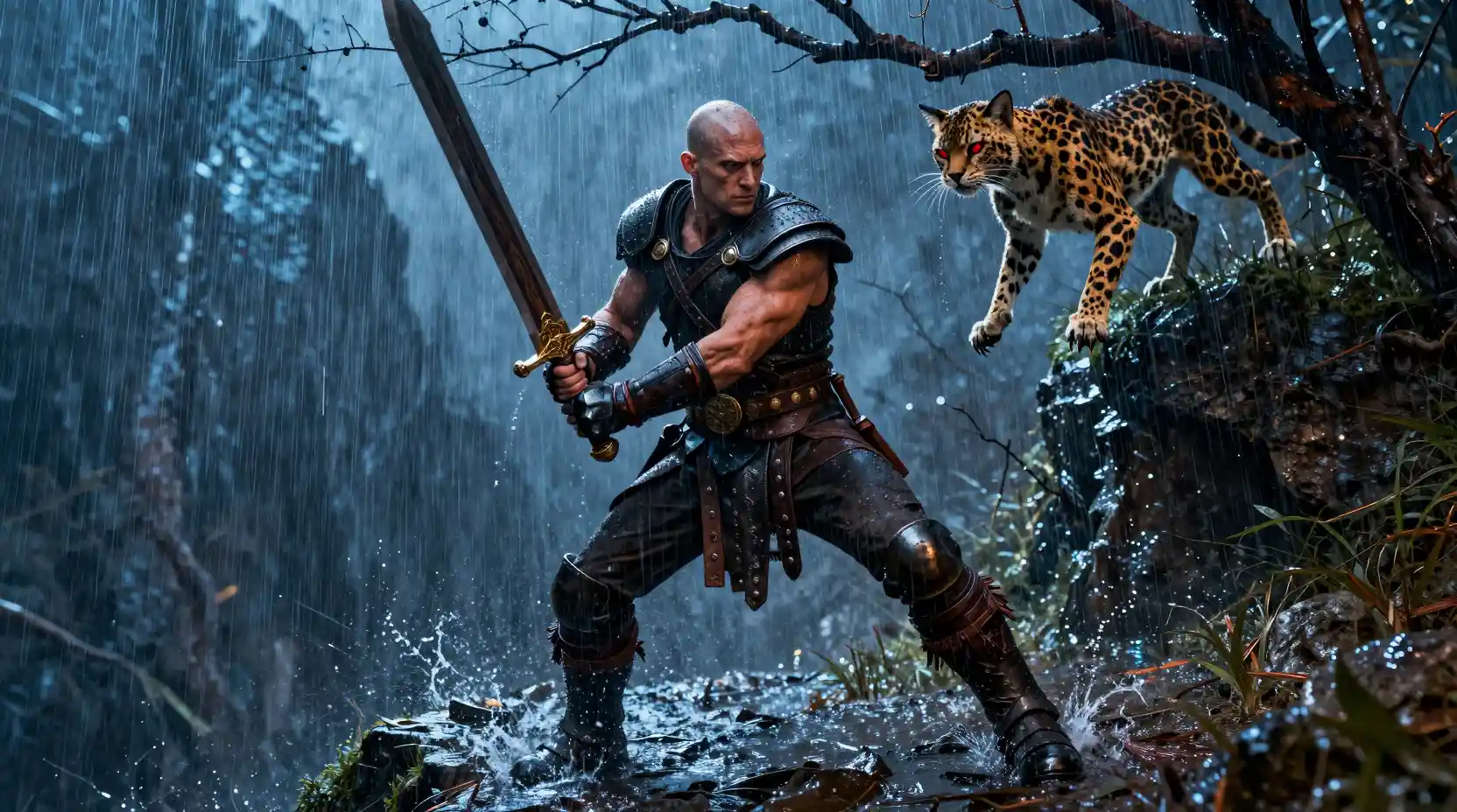 A bald warrior faces a feline mutant on a rain-soaked cliff path
