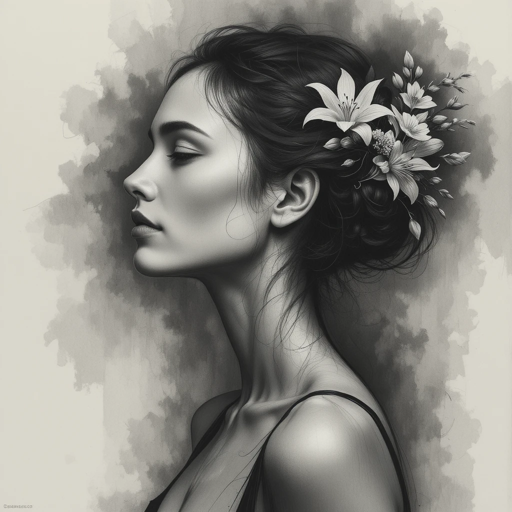 A charcoal portrait captures a ballet dancer in serene profile