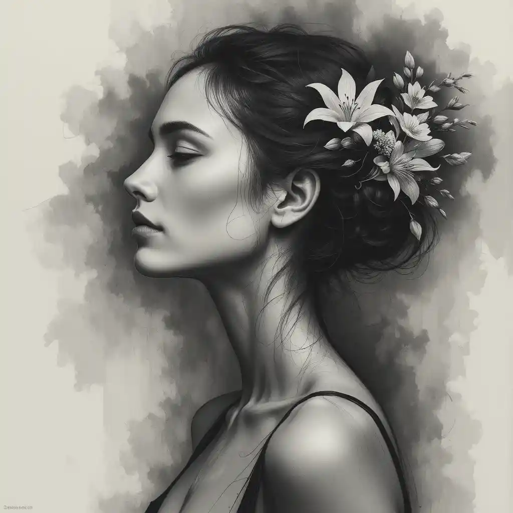 A charcoal portrait captures a ballet dancer in serene profile