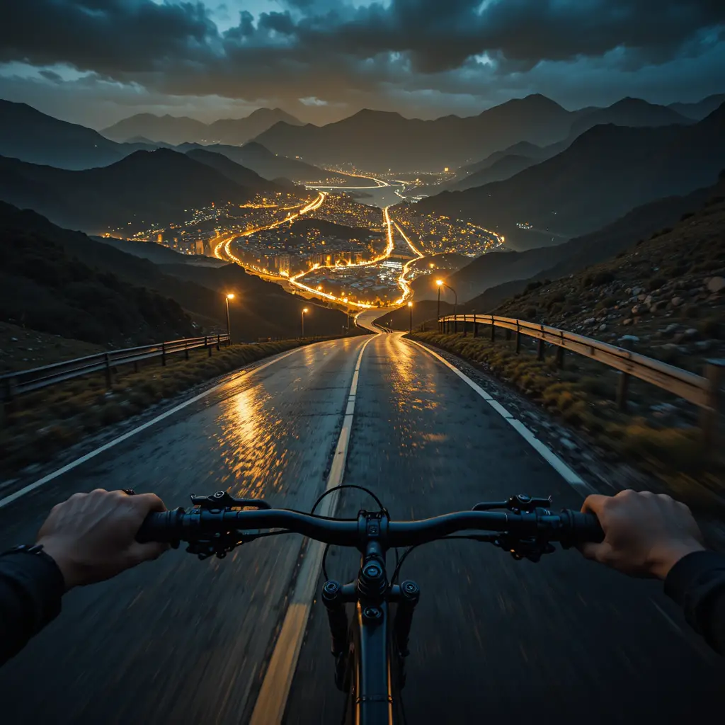 Descenso en bicicleta de montaña en primera persona por una carretera mojada de montaña de noche