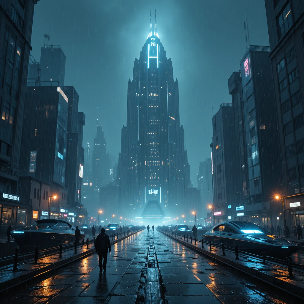 Un grattacielo piramidale al neon svetta su una città futuristica e piovosa di notte