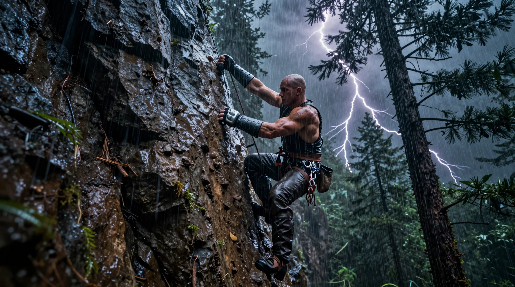 A bald warrior drives a wooden piton into a rain-soaked cliff