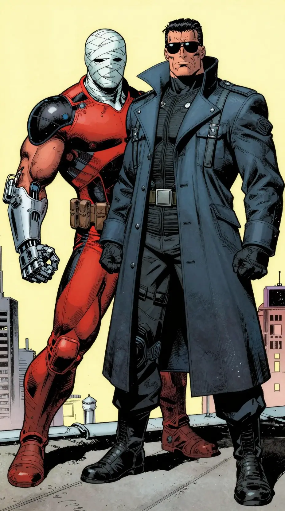 Two men battle across a rooftop in a futuristic city