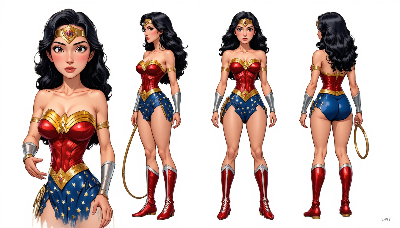Das Wonder-Woman-Charakterblatt zeigt ihr ikonisches Kostüm aus mehreren Blickwinkeln