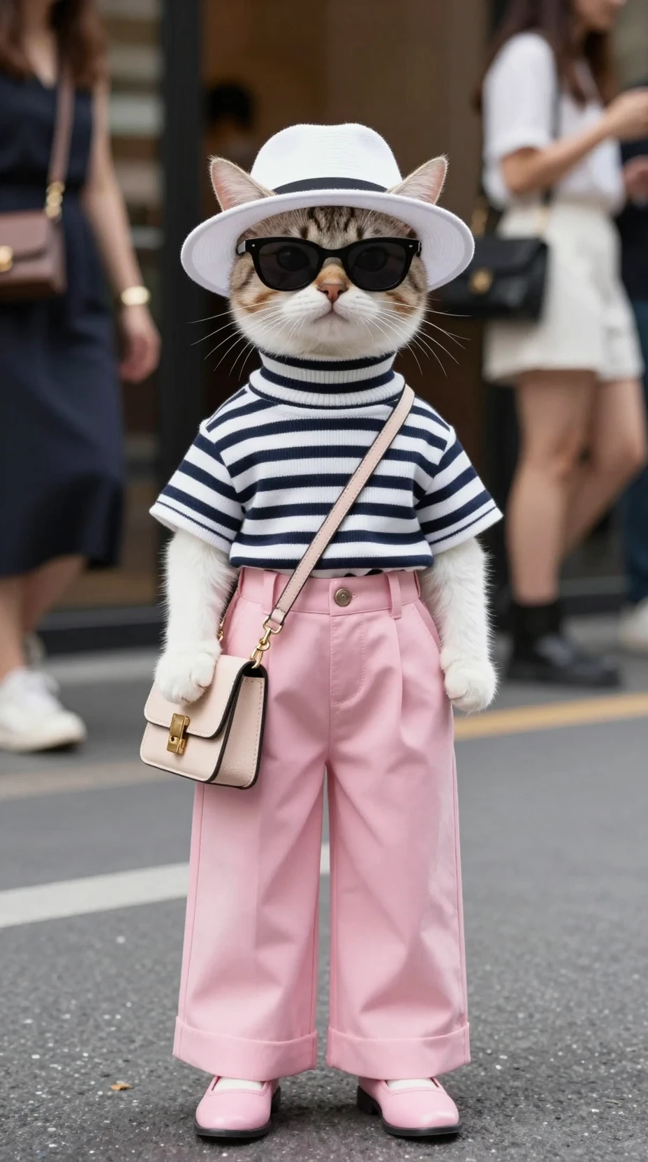 A cute cat stands on the street in a fashionable outfit