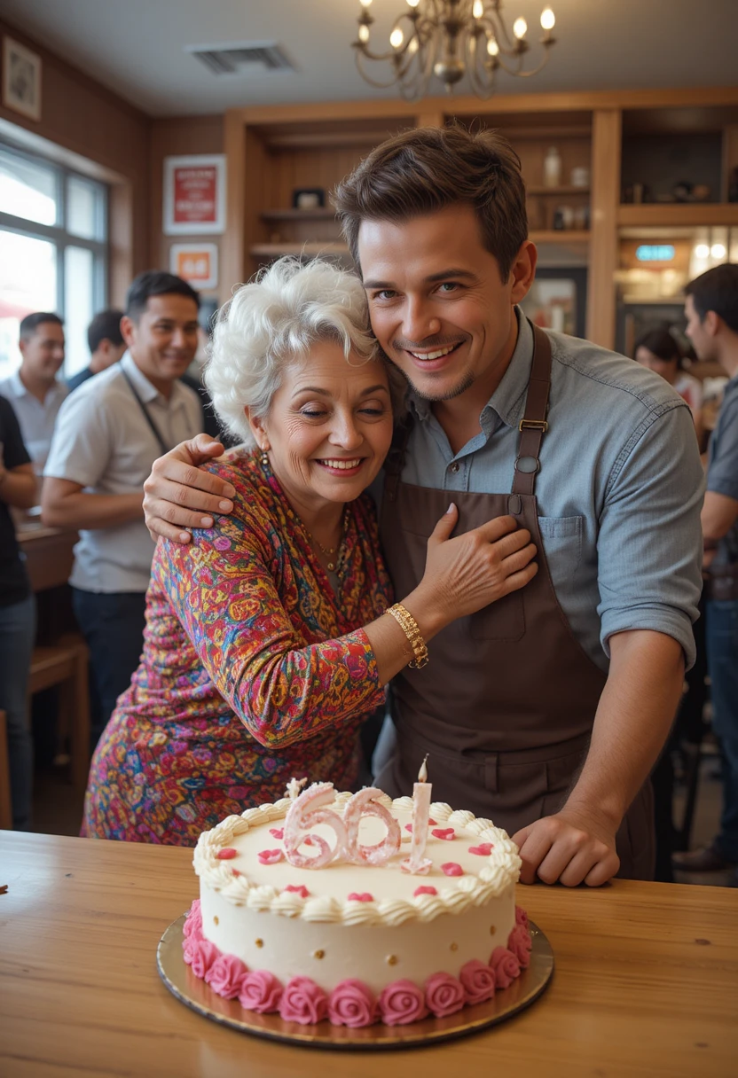 A mother and her teenage son celebrate her sixtieth birthday at work