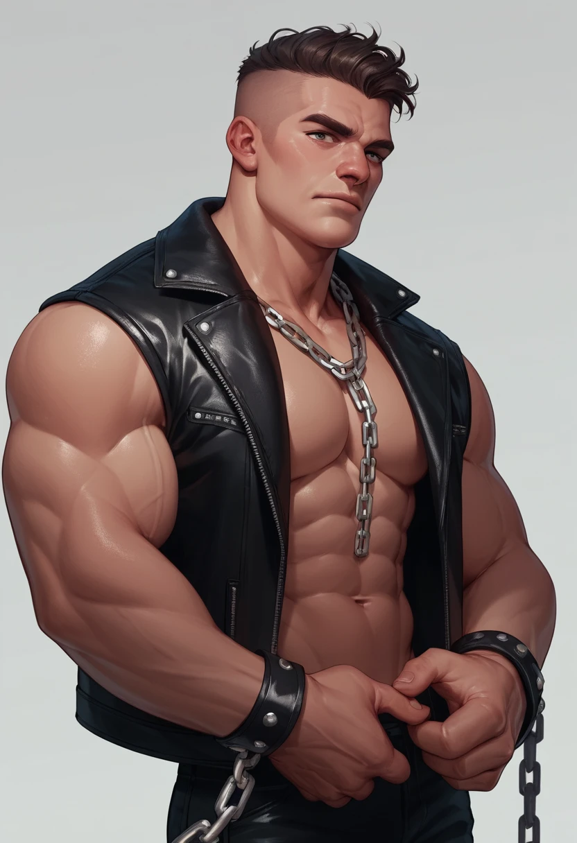 A muscular man wears a leather jacket with a nose chain and knuckle dusters