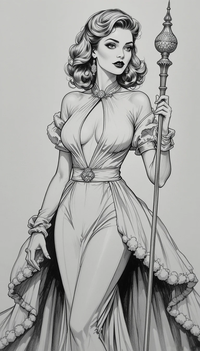 A glamorous woman in a fitted mermaid gown holds a slender scepter
