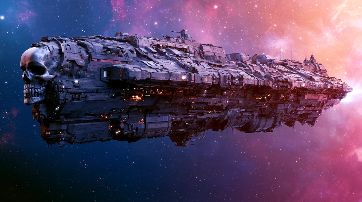 A mecha battle cruiser cruises through the universe with a metallic skull