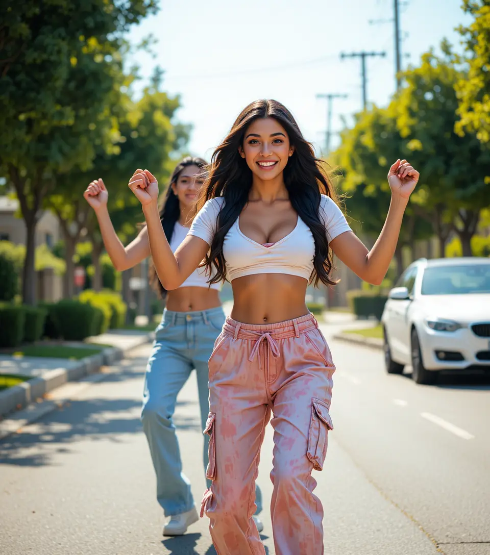 Two street dancers move together along a sunlit suburban road