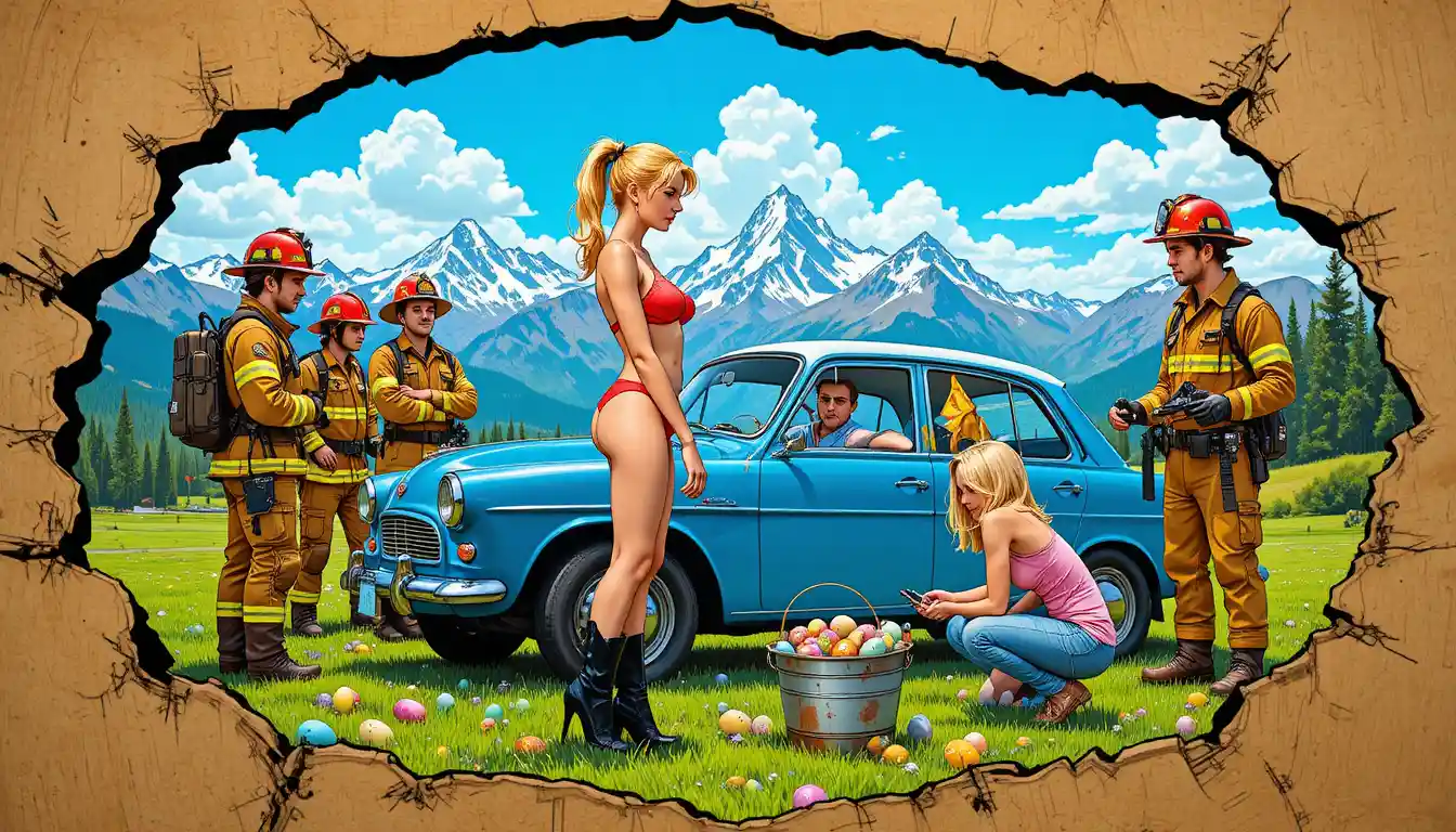 People Gather Around a Vintage Blue Car in a Mountain Landscape