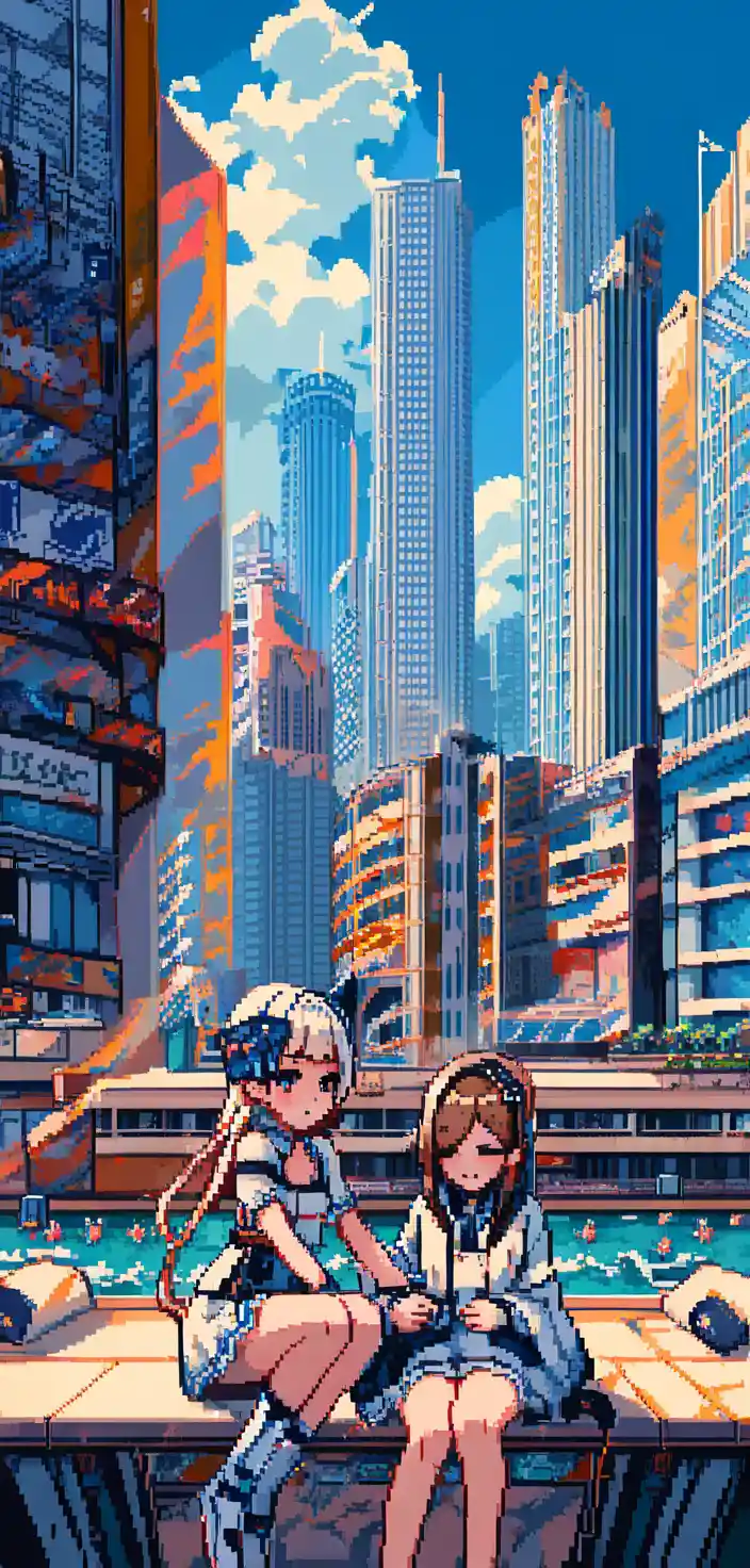 Una chica en pixel art junto a una pintura moderna en un museo