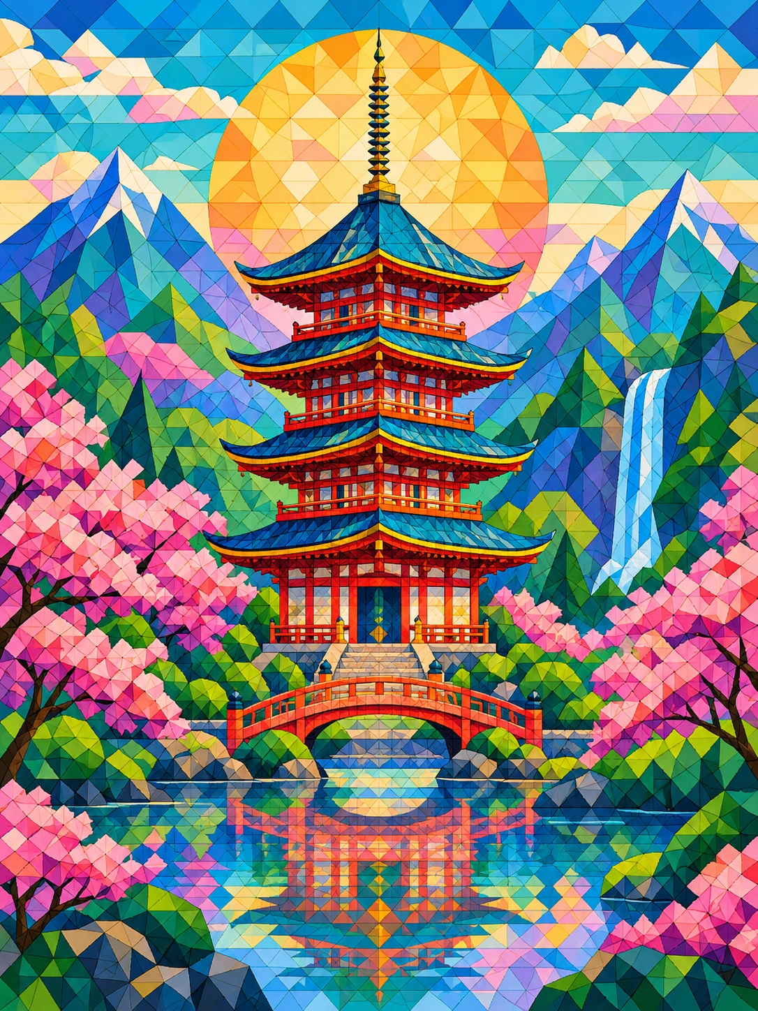 色鮮やかな塔が、小さな三角形で描かれた穏やかな風景の中心に