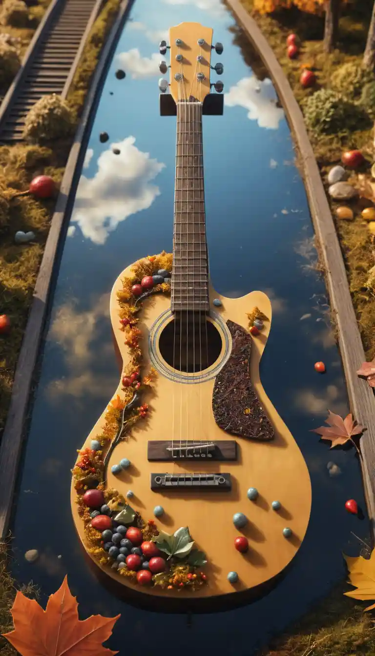 A giant guitar cradles a tiny autumn town, pond, and trees