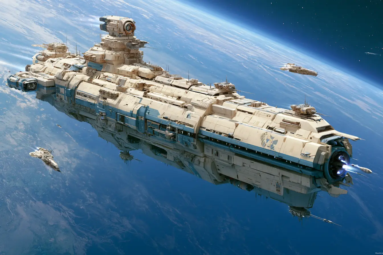 Una nave espacial modular pasa junto a un planeta azul acompañada de naves de escolta más pequeñas