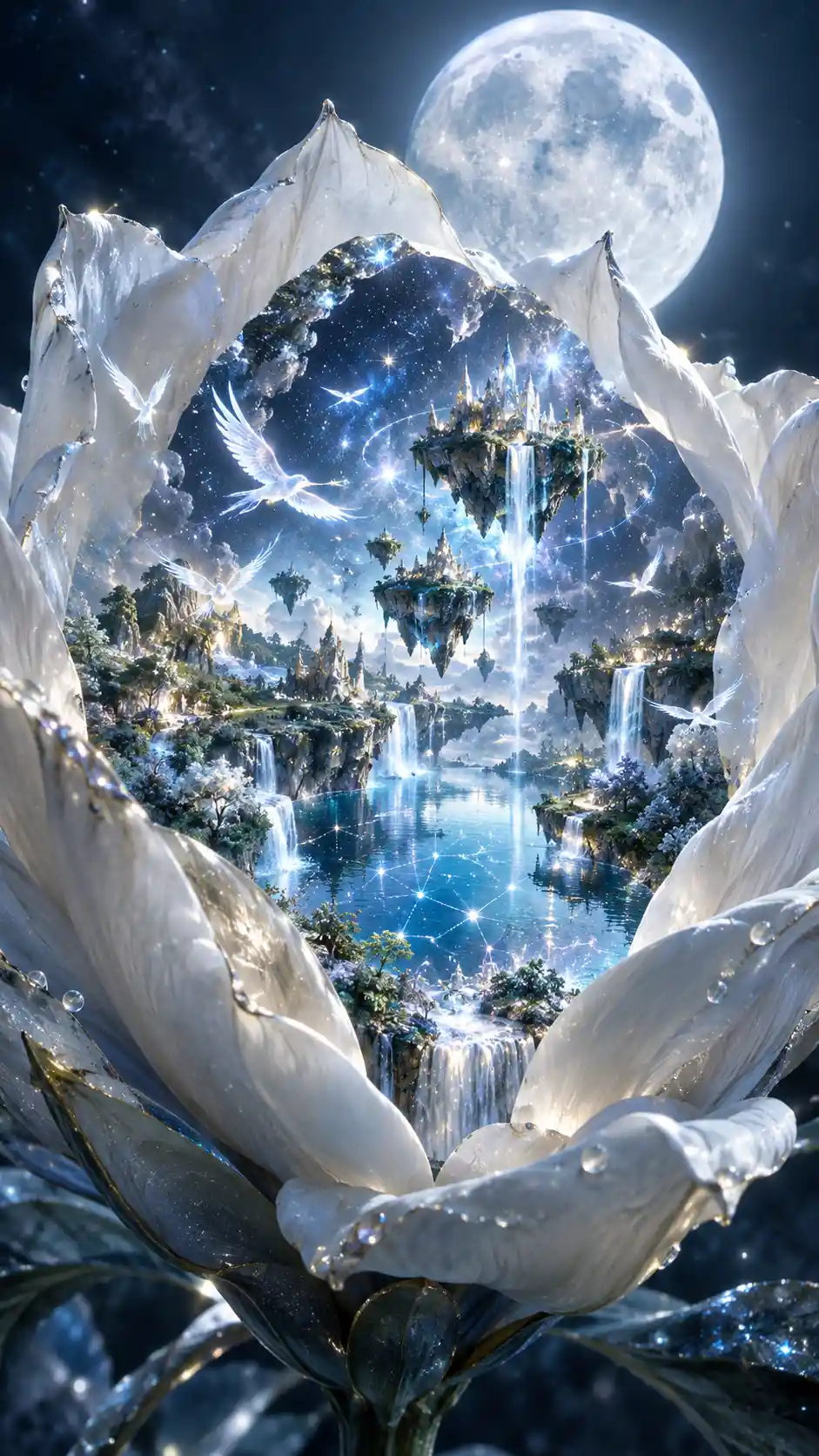 A giant white flower reveals a hidden world beneath the full moon