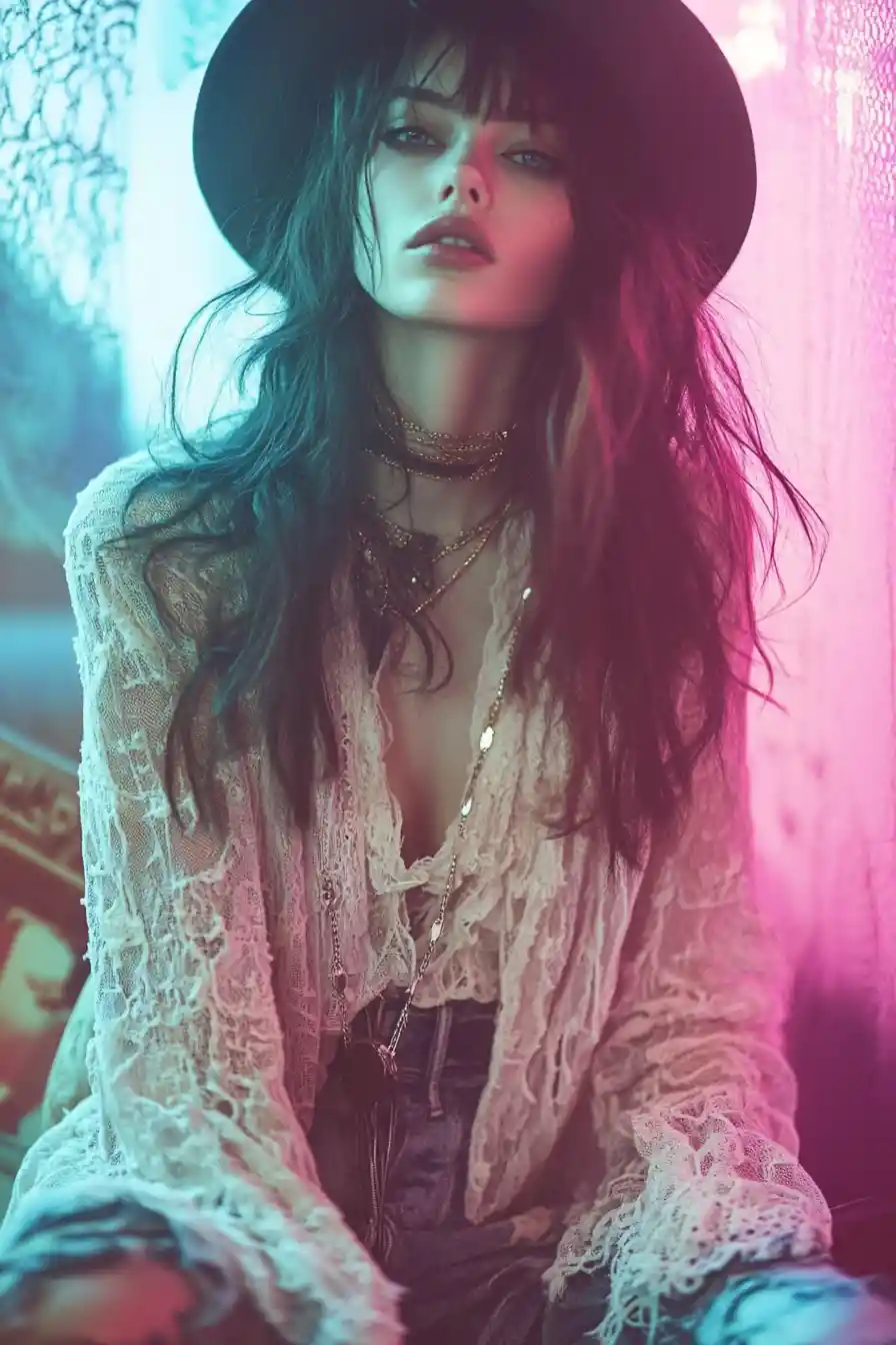 Una modelo de moda grunge con un conjunto en tonos pastel intensos