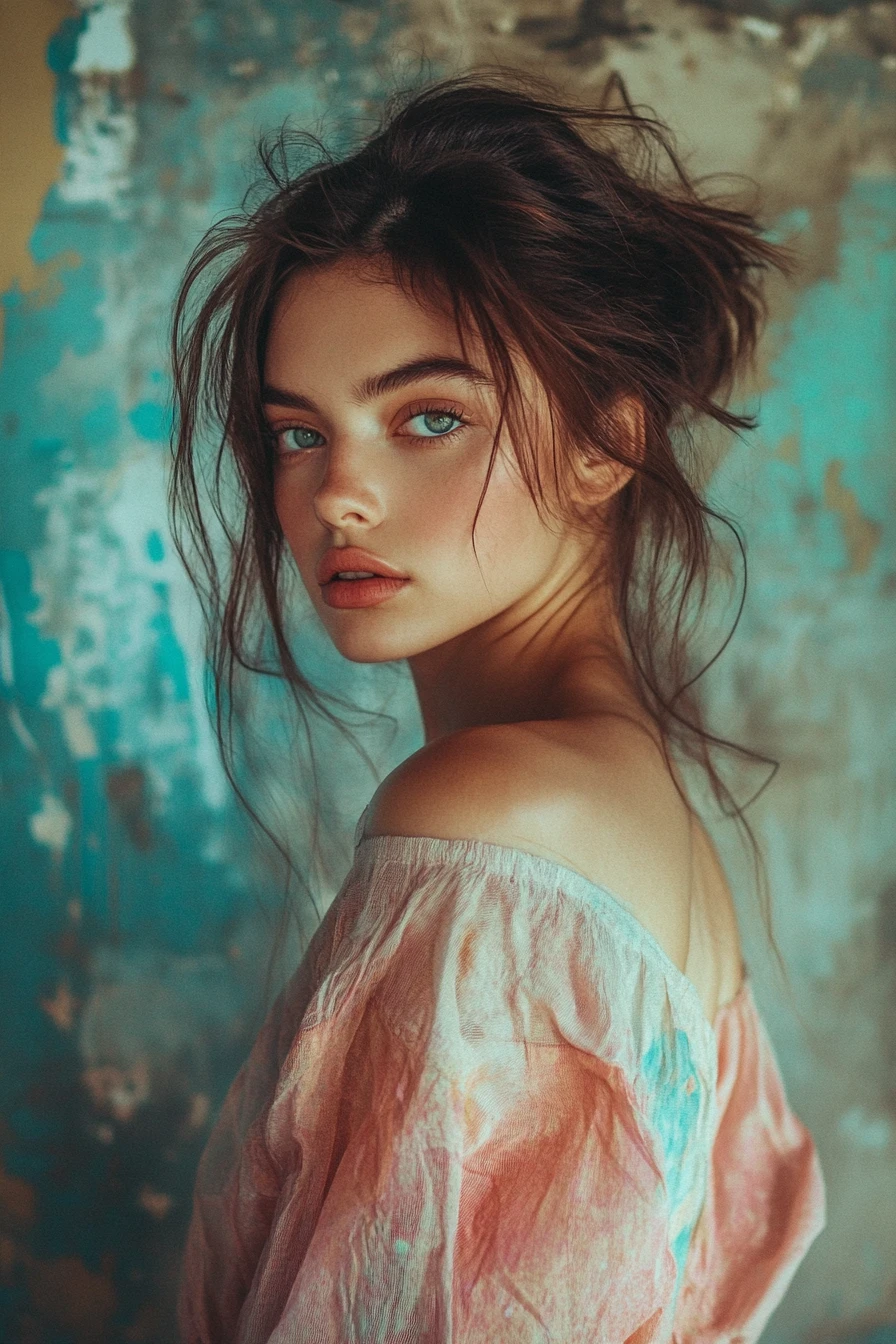 Una modelo de moda con un conjunto grunge en vibrantes tonos pastel