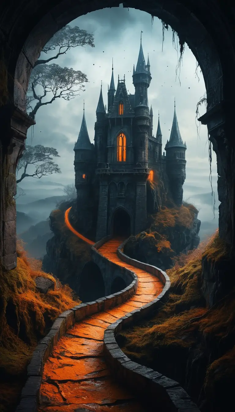 A gothic castle and solitary figure beneath two moons in fog