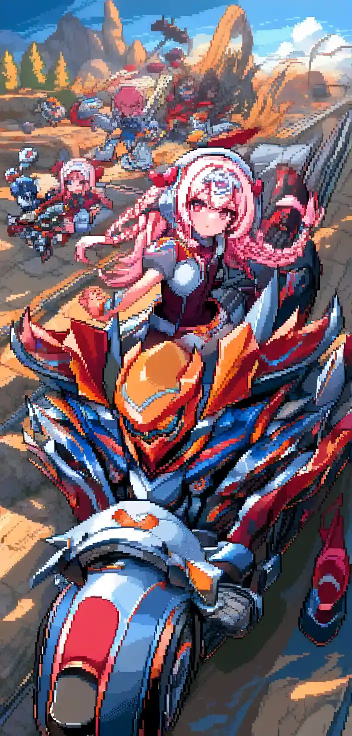 A pixel art girl rides a large high-tech motorcycle