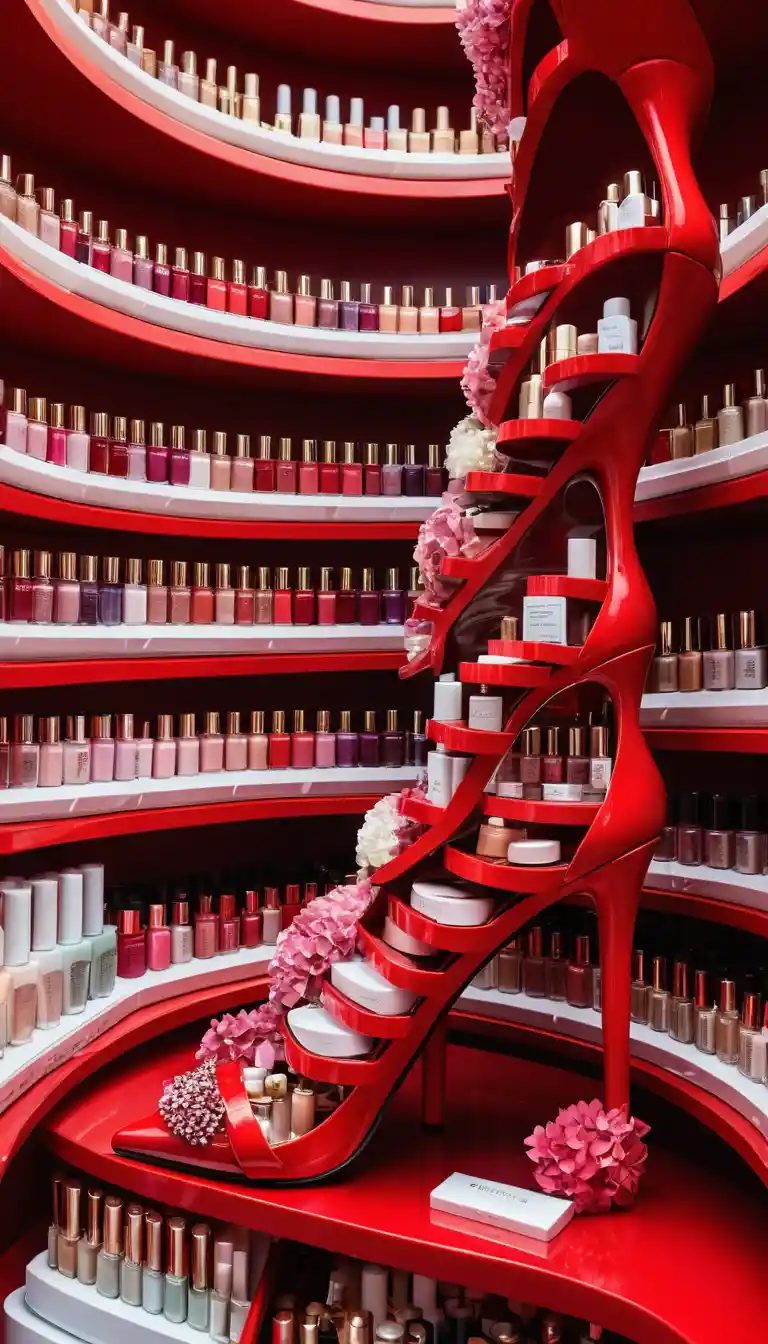 A miniature cosmetics shop unfolds inside a giant red stiletto shoe