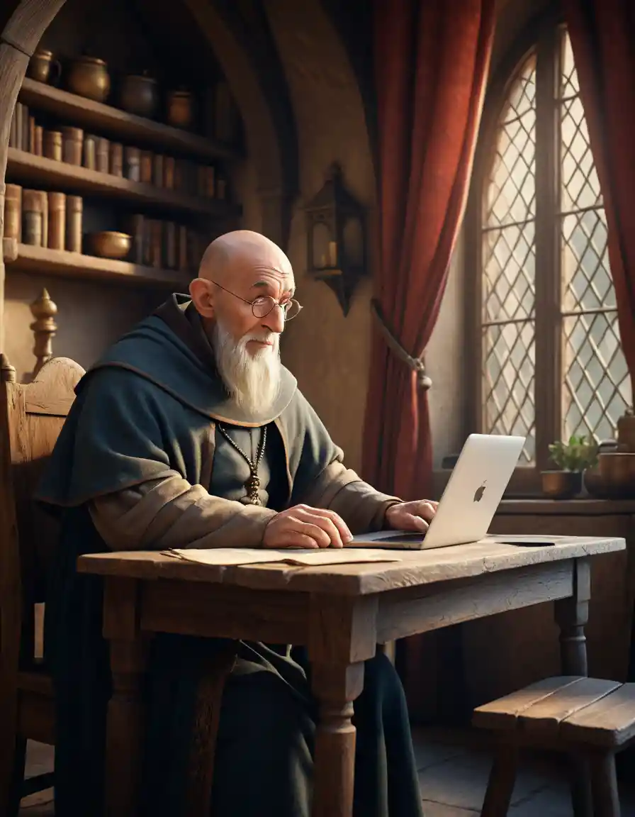 An elderly monk sits at a table working on a laptop indoors