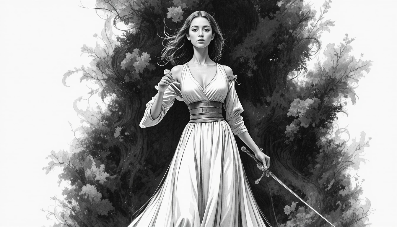 A determined woman holds a sword in an elegant long gown