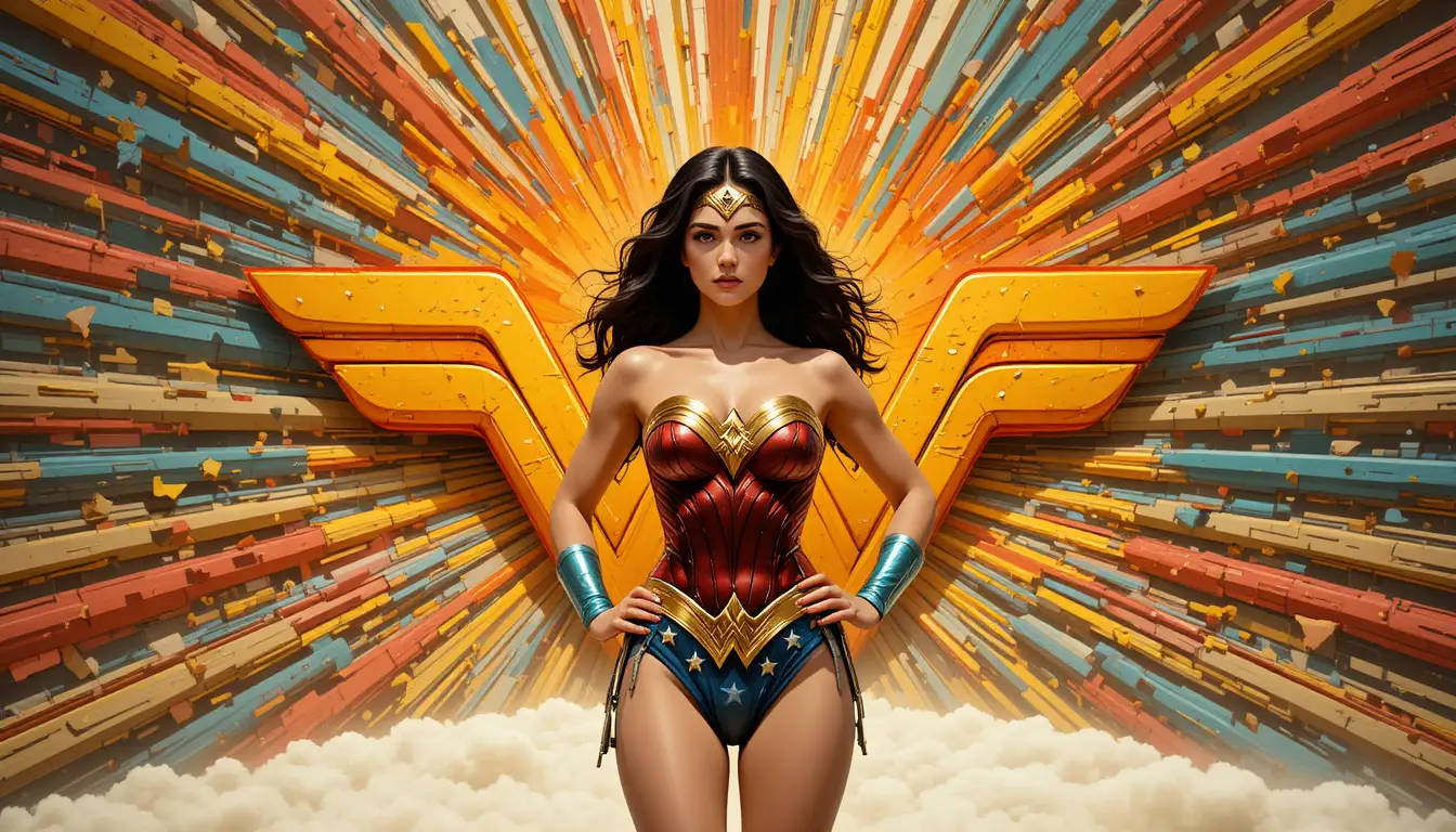 Wonder Woman posa con confianza ante un estallido de estrellas retro y colorido