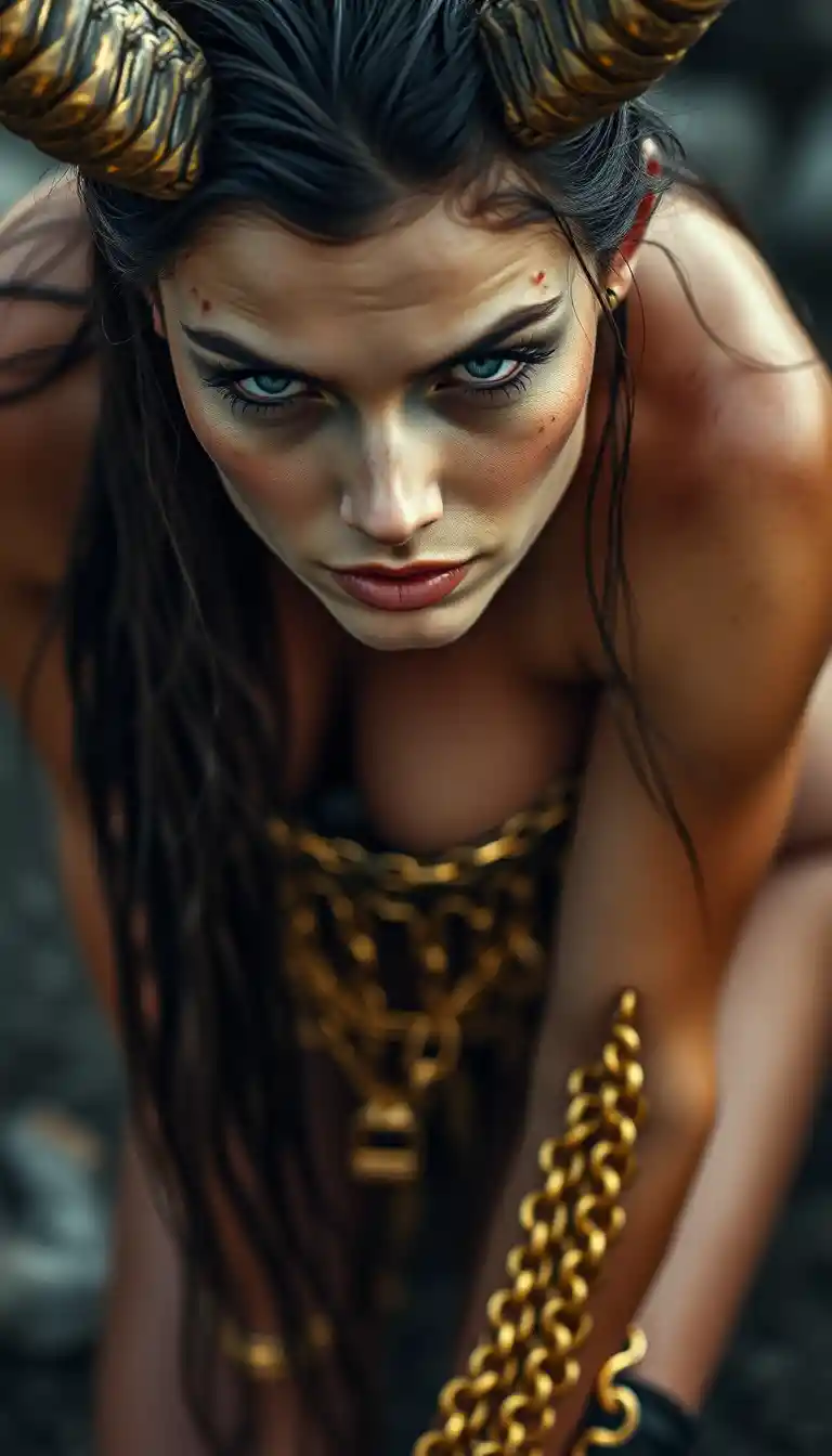 A demon goddess in gold chain mail gives the camera a soft gaze