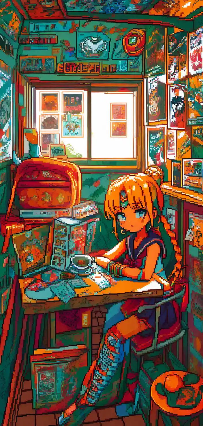 A Pixel Art Anime Girl Sits Inside A Cafe Beside A Text Poster