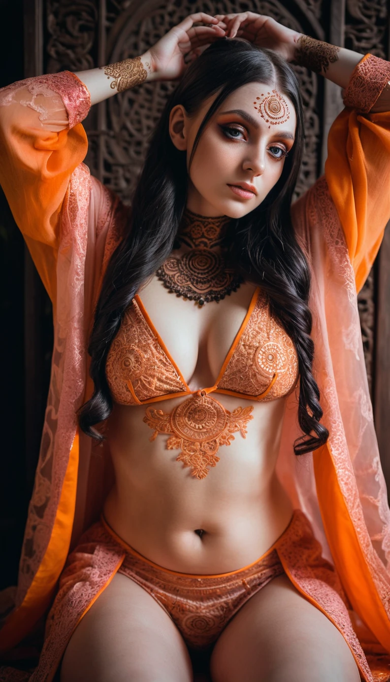Goth woman reclining on an ancient altar with mandala henna