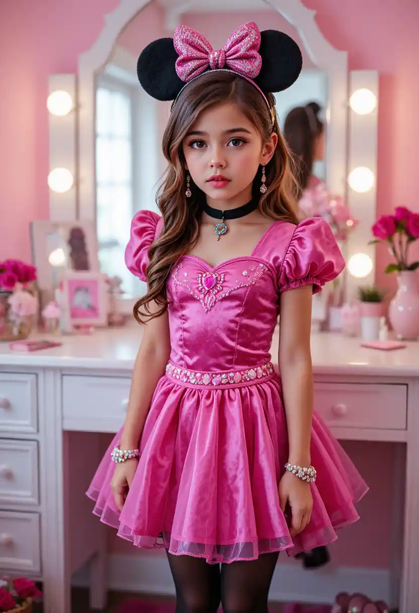 Menino pré-adolescente faz beicinho diante da penteadeira com uma fantasia de princesa da Minnie Mouse