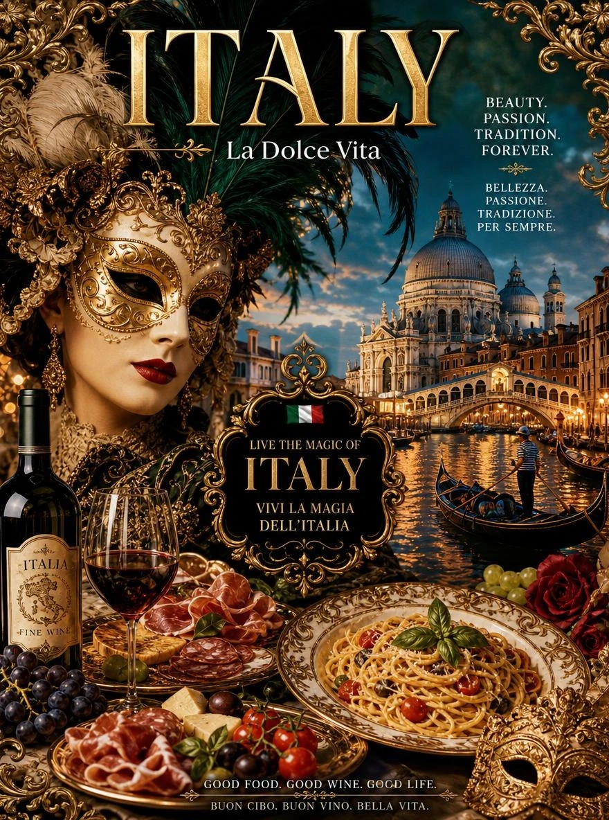 Un cartel italiano barroco que celebra los bailes de máscaras venecianos y la gastronomía