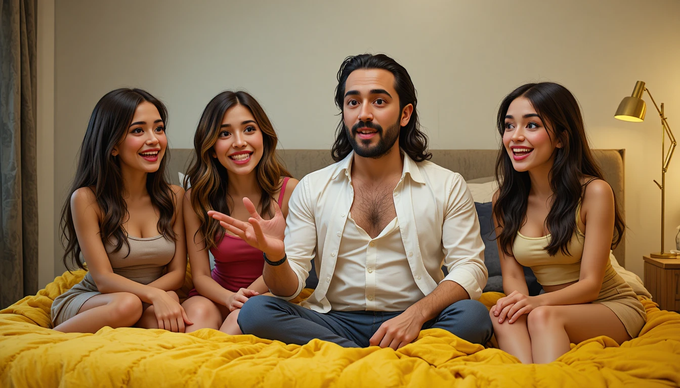 Cinque persone sedute su un letto sotto un'applique dorata