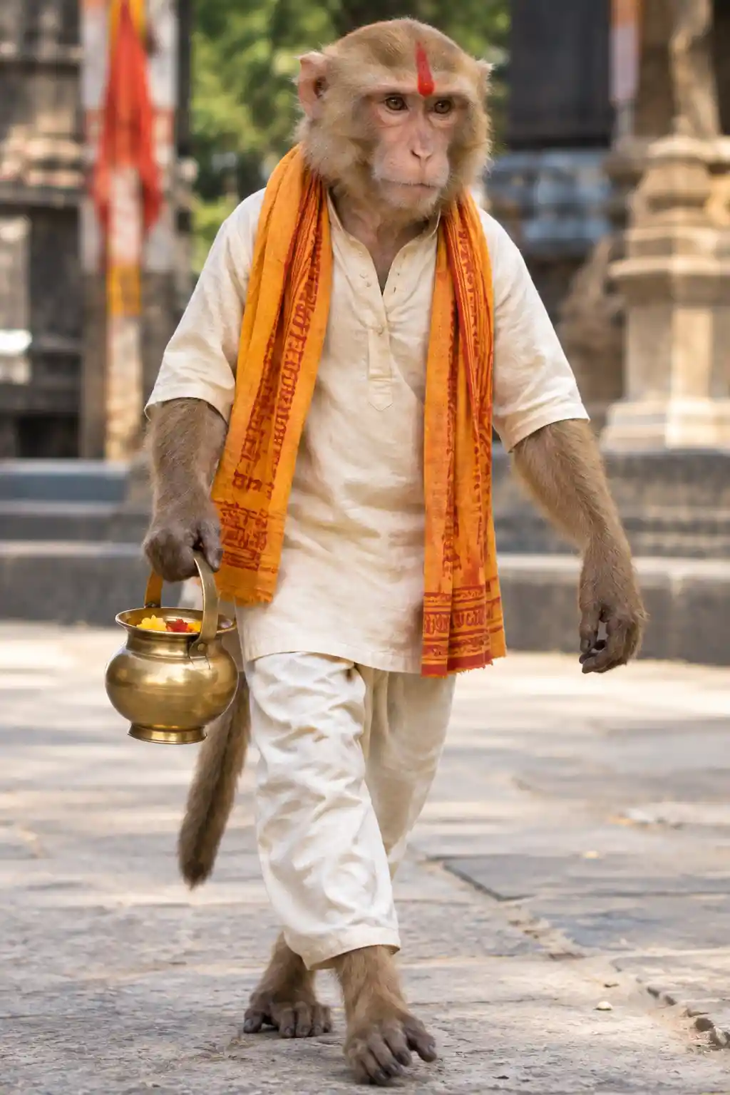 A monkey walks upright with a red tilak on its forehead