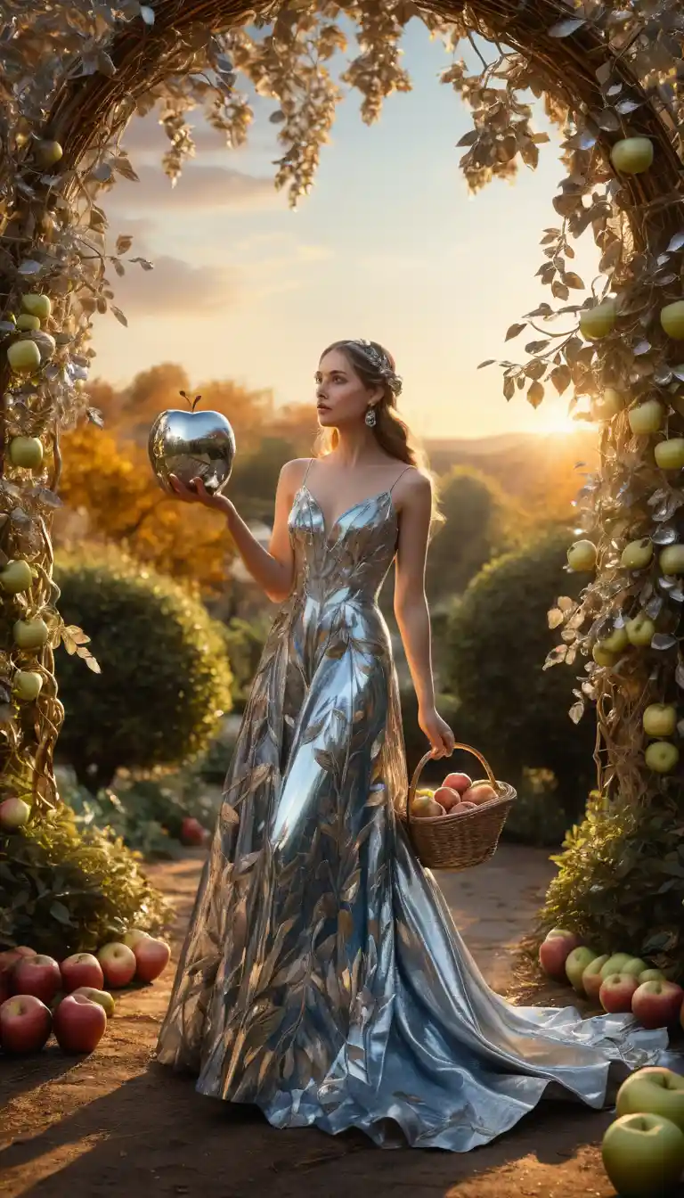 A Woman Raises a Silver Apple Beneath Mirrored Trees at Sunset