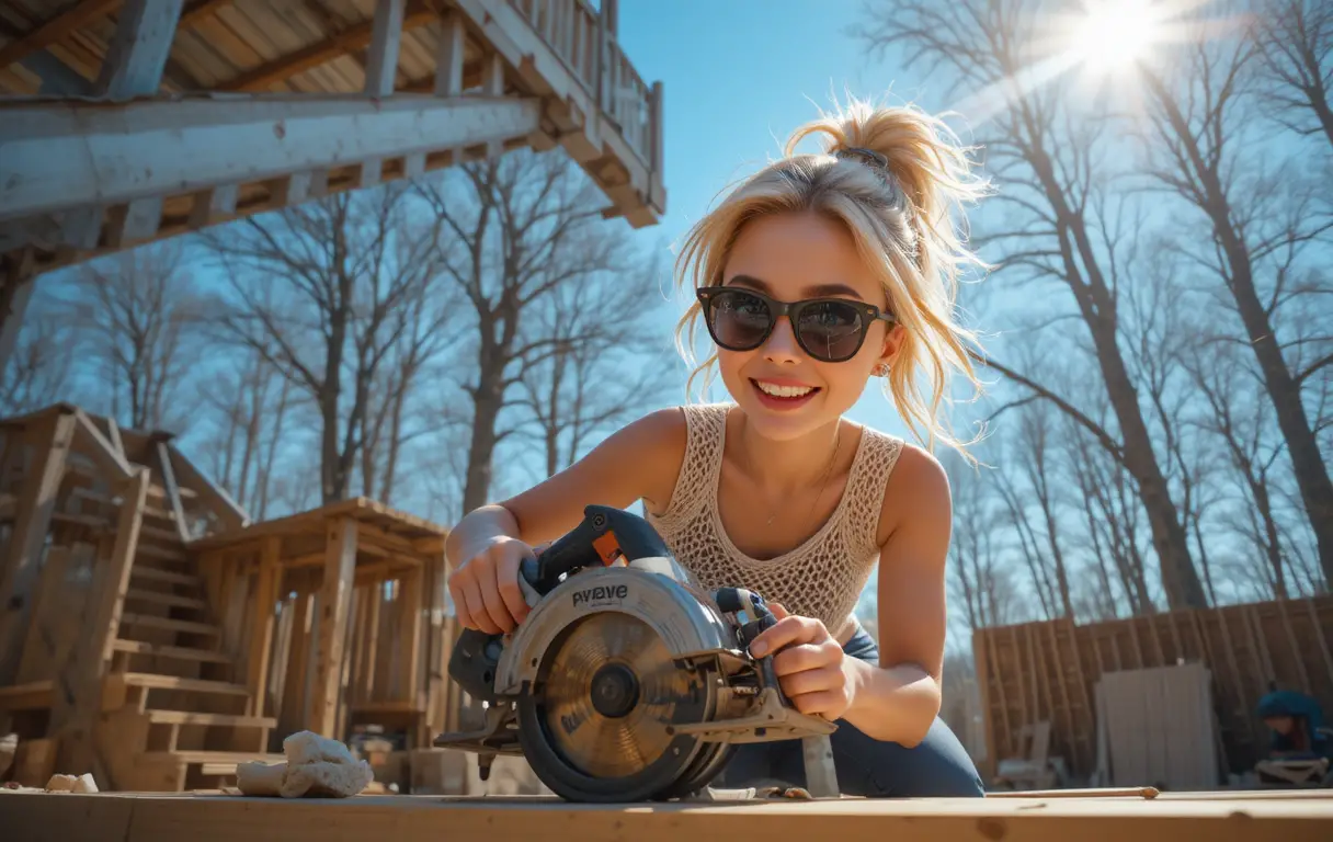 A woman uses a circular saw outdoors in bright sunlight