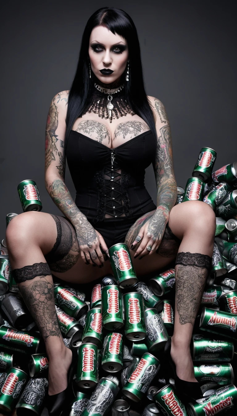 Tattooed goth woman sits on a pile of white energy drink cans