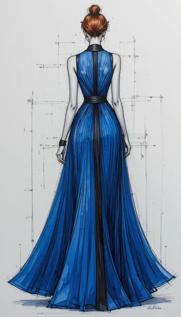 Figura de moda con vestido azul y una llamativa franja negra