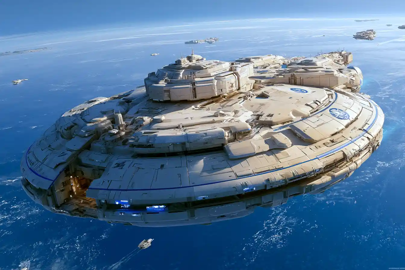 A massive saucer shaped starship flies past a blue planet