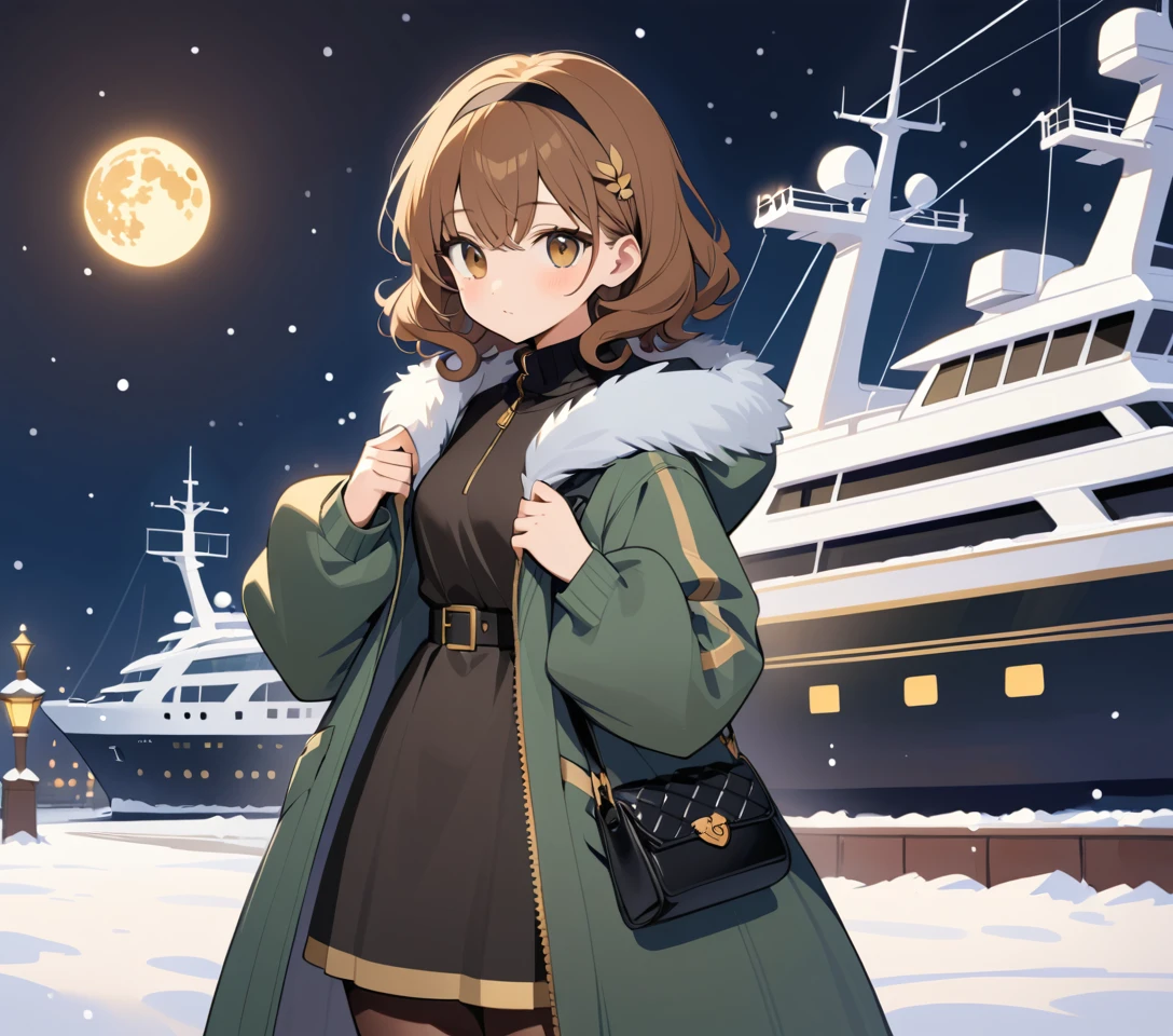 A curly-haired girl at a snowy harbor beneath a golden moon